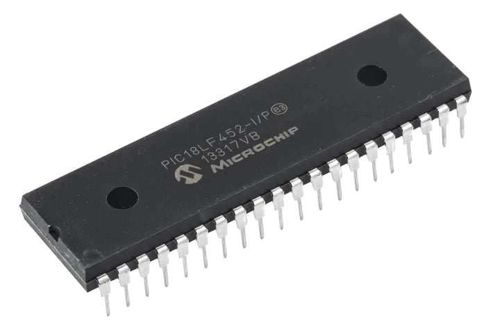 18F452 PIC18F452 40 Pin Pic Microcontroller DIP Online - Best Prices - a black 40-pin DIP integrated circuit chip with Microchip branding and text printed on its top surface.