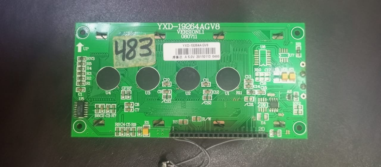 19264 LCD 92*64 Electronic Display Components Graphics Modules LCD Display Monitors LCD Modules - a green rectangular circuit board featuring four black circular components, a 20-pin connector, and a white label marked 483.