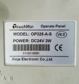 19264 LCD 92*64 Electronic Display Components Graphics Modules LCD Display Monitors LCD Modules - TouchWin OP325-A-S Operate Panel, a close-up view of a white rectangular device label showing model, power specifications, and serial number.