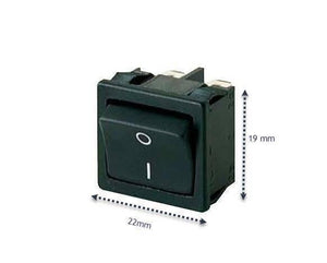 19MMX22MM 2 Position Rocker Switch 4 Legs - a black rectangular rocker switch with O and I markings, shown with dimension arrows indicating 19mm and 22mm.