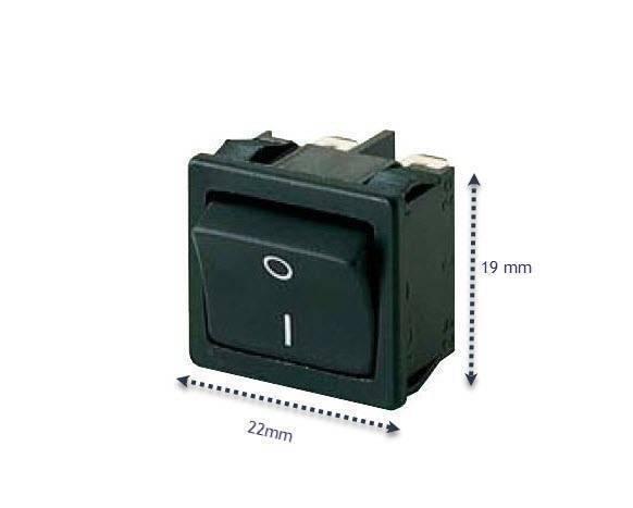 19MMX22MM 2 Position Rocker Switch 4 Legs - a black rectangular rocker switch with O and I markings, shown with dimension arrows indicating 19mm and 22mm.