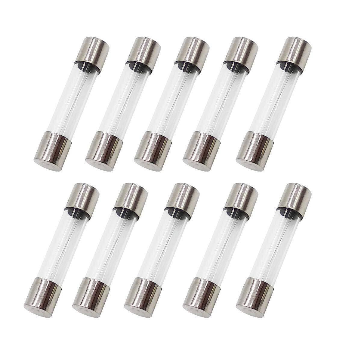 1A Fast Blow Fuse 1 Amp 250V Glass Fuse 6x30mm - shown as a collection of ten identical cylindrical glass fuses with metal end caps arranged in two rows.