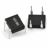 1amp 1000V Bridge Rectifier IC - two black, square-shaped electronic components with four metal pins and "DB105" printed on the top surface.