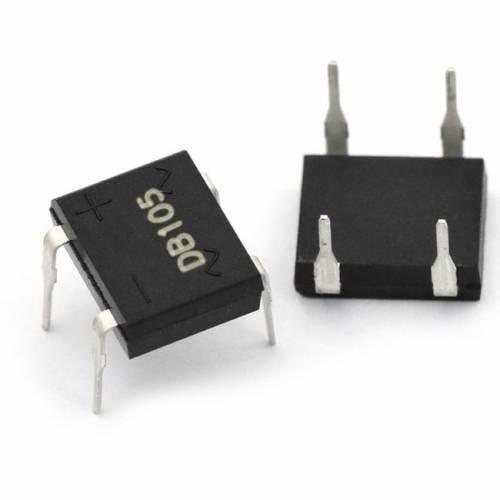 1amp 1000V Bridge Rectifier IC - two black, square-shaped electronic components with four metal pins and "DB105" printed on the top surface.