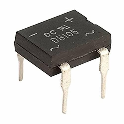 1amp 1000V Bridge Rectifier IC - a black, four-pinned electronic component with "DB105" and polarity symbols printed on the top surface.