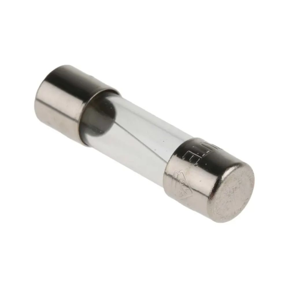 1amp 5mm x 20mm Cartridge Fuse - shown as a clear cylindrical glass tube with silver-colored metal end caps.