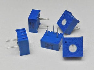 1k 3386 Single Turn Variable Potentiometer - five blue square-shaped electronic components with white adjustment screws and three metal pins.