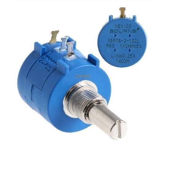 1k Multiturn Potentiometer 1k Ohm 2W Bourns Pot 3590S-2-102L - a blue cylindrical Bourns potentiometer with a metal shaft and a rear view with printed specifications.