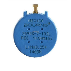 1k Multiturn Potentiometer 1k Ohm 2W Bourns Pot 3590S-2-102L - a round blue electronic component with a metal terminal and printed technical specifications on its face.