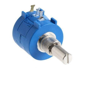 1k Multiturn Potentiometer 1k Ohm 2W Bourns Pot 3590S-2-102L - a blue cylindrical electronic component with a silver metal shaft and three connection pins on top.