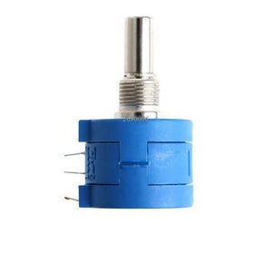 1k Multiturn Potentiometer 1k Ohm 2W Bourns Pot 3590S-2-102L - a blue, cylindrical electronic component with a metallic rotating shaft and three metal pins on the side.