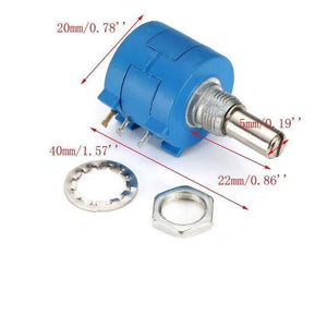 1k Multiturn Potentiometer 1k Ohm 2W Bourns Pot 3590S-2-102L - shown with a blue cylindrical body, a metal shaft, three pins, a washer, and a nut, including dimension labels.