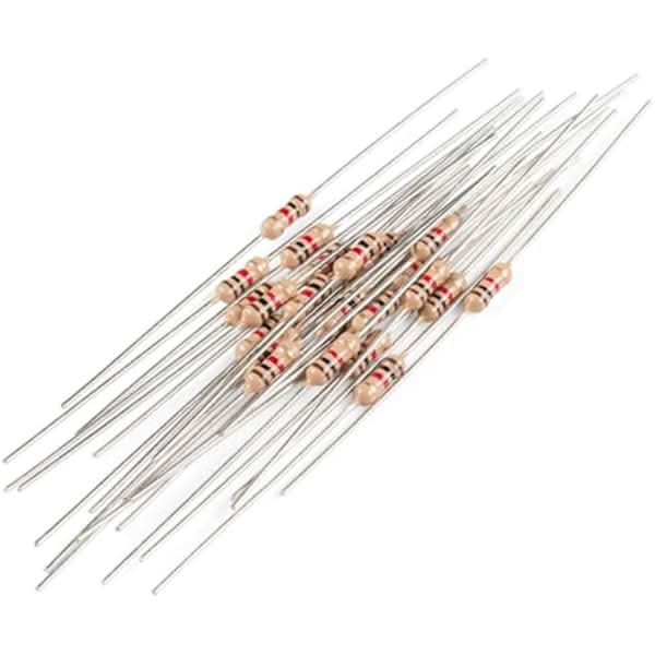 1k resistors 1/4 watt school kit - a collection of tan-coloured axial resistors with red, black, and brown colour-coded bands and metal leads.