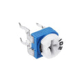 1k RM065 Variable Resistor - a blue and white electronic component with a cross-slotted adjustment screw and three metal pins.