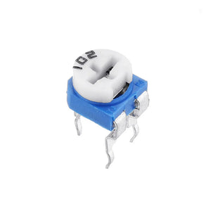 1k RM065 Variable Resistor - shown as a blue and white electronic component with a central adjustment slot and three metal pins for circuit board mounting.
