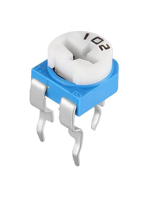 1k RM065 Variable Resistor - a blue square electronic component with a white top featuring a cross-shaped adjustment slot and the printed number 102.