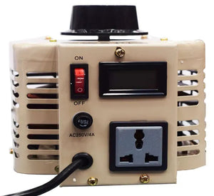 1kVA Variac Tdgc2 Single Phase Manual Voltage Regulator Variable Transformer - a beige transformer with a top knob, power switch, blank display, fuse holder, and power outlet.