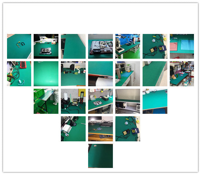 1m*1m*2mm Antistatic ESD Floor Mat/ESD Rubber Table Mat For Production/S5 PVC Antistatic Workbench Rubber Mat - shown in a collage of various green workbench settings with electronic tools and components.