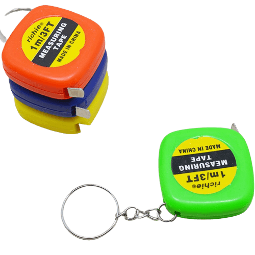 1m/ 3ft Pocket Size Inchies Tape And Measuring Tool - shown as a stack of orange, blue, and yellow units beside a green unit with a metal keychain attached.
