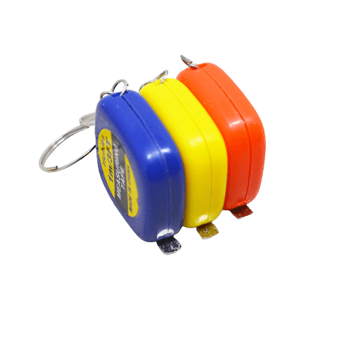 1m/ 3ft Pocket Size Inchies Tape And Measuring Tool - shown as a set of three small, square-shaped measuring tapes in blue, yellow, and orange.