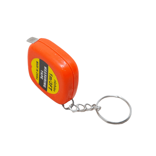 1m/ 3ft Pocket Size Inchies Tape And Measuring Tool - an orange, square-shaped measuring tape with a keychain ring attached.