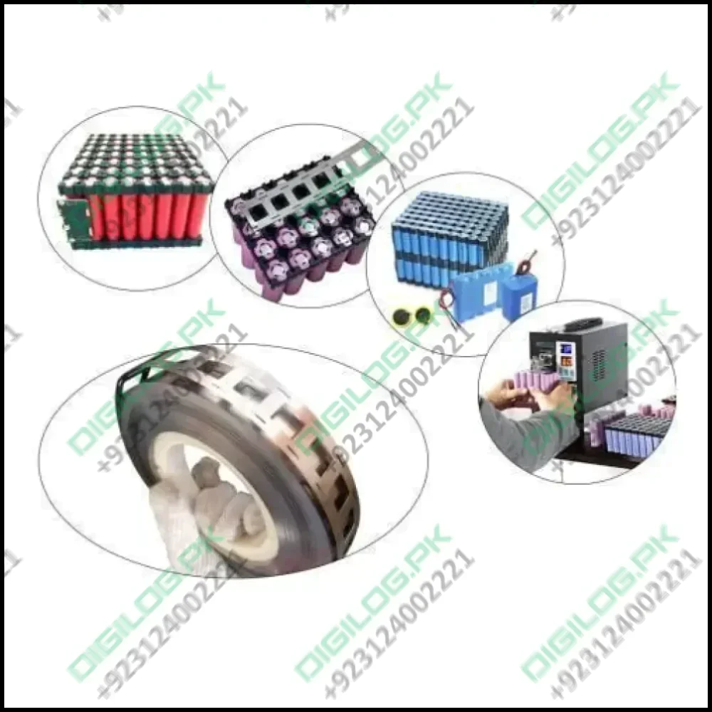 1meter 18650 Nickel Plated Strip Tape Belt 27mm x 0.15mm Dual Cell Solder Spot Welding - shown in a collage with battery packs and a spot welding machine.