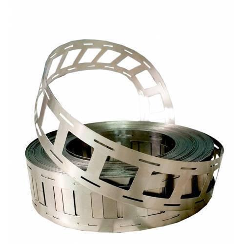1meter 18650 Nickel Plated Strip Tape Belt 27mm x 0.15mm Dual Cell Solder Spot Welding - a coiled, silver-colored metal strip with a repeating rectangular cutout pattern.