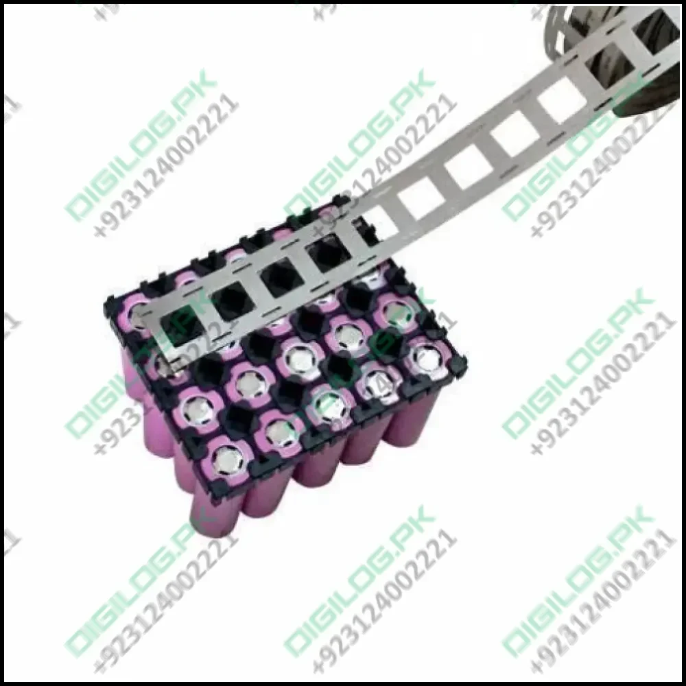 1meter 18650 Nickel Plated Strip Tape Belt 27mm x 0.15mm Dual Cell Solder Spot Welding - a silver metal strip with rectangular cutouts being placed over a grid of pink cylindrical battery cells.