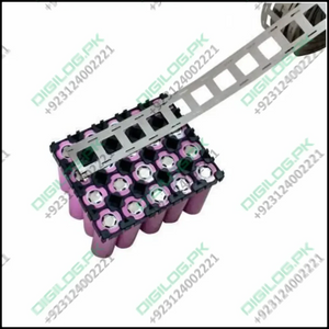 1meter 18650 Nickel Plated Strip Tape Belt 27mm x 0.15mm Dual Cell Solder Spot Welding - a silver metal strip with rectangular cutouts being placed over a grid of pink cylindrical battery cells.