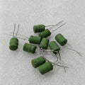1mH Power Inductor ±10% 0.2A Radial - a group of small, green, cylindrical-shaped radial leaded inductors with the number 102 printed on one.
