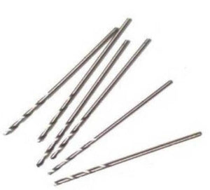 1mm PCB Twist Drill Bit - a collection of six thin, silver-colored metal drill bits with spiral flutes arranged diagonally against a white background.