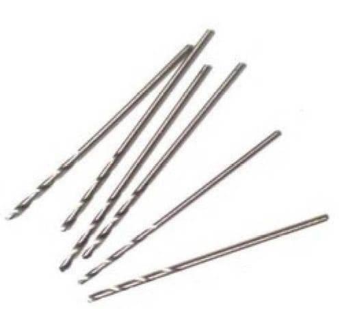 1mm PCB Twist Drill Bit - a collection of six thin, silver-colored metal drill bits with spiral flutes arranged diagonally against a white background.