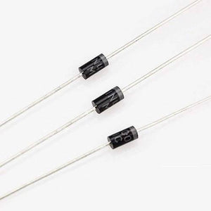 1N4007 Rectifier Diode - shown as three black cylindrical electronic components with metal leads extending from each end against a white background.