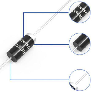 1N4007 Rectifier Diode - shown in a black cylindrical body with a silver cathode band and wire leads, including three circular close-up detail insets.