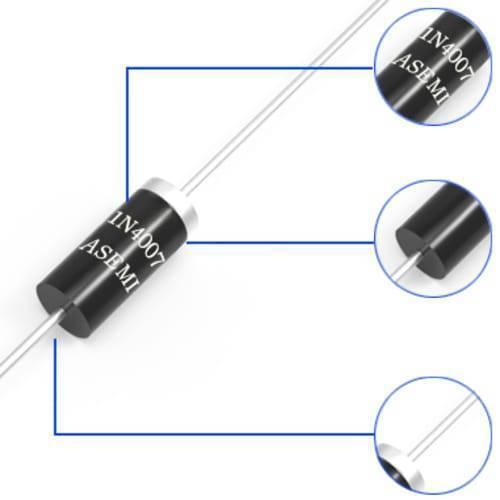 1N4007 Rectifier Diode - shown in a black cylindrical body with a silver cathode band and wire leads, including three circular close-up detail insets.