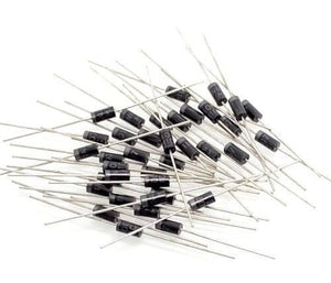 1N4007 Rectifier Diode - shown as a pile of black cylindrical electronic components with silver metal leads on a white background.