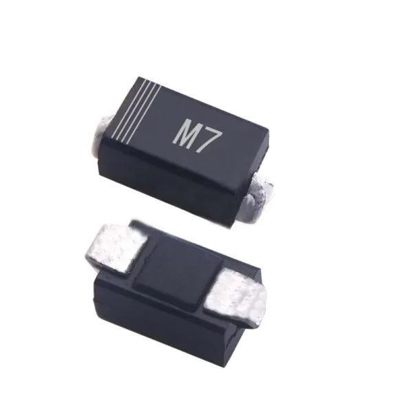 1N4007 SMD M7 Diode - a close-up showing two black rectangular electronic components with silver metal terminals, one marked with the text M7.