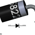 1N5822 Schottky Diode - a black cylindrical component with a silver cathode band and bent wire leads, shown with its schematic symbol below.