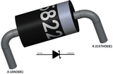 1N5822 Schottky Diode - a black cylindrical component with a silver cathode band and bent wire leads, shown with its schematic symbol below.