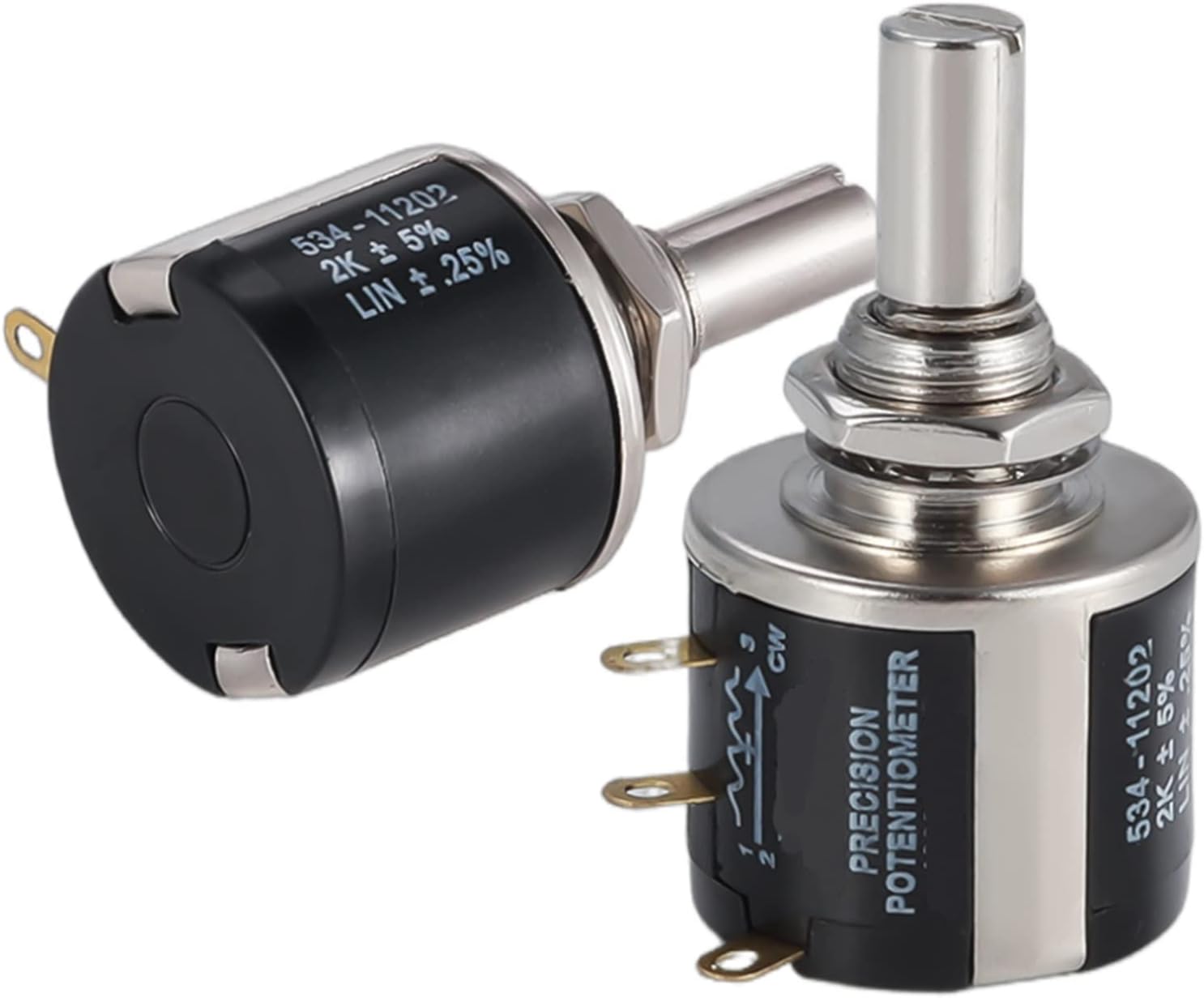 1pc 20k 534-1-1 Spectorl Precision Coil Wire Wound Potentiometer 534 2W In Pkaistan - two black cylindrical wire-wound potentiometers with silver shafts, mounting nuts, and three gold-colored metal terminals.