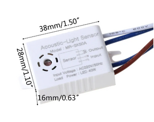 1pc Sound Voice Sensor 220V Module Detector Auto On Off Intelligent Light Switch - a white rectangular acoustic-light sensor with wires and printed dimension labels on a plain background.