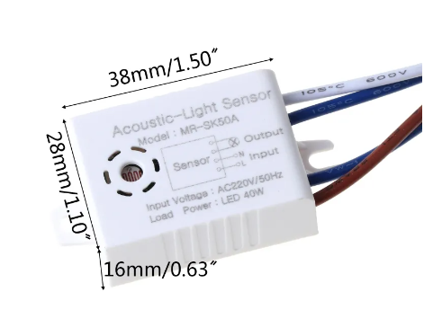 1pc Sound Voice Sensor 220V Module Detector Auto On Off Intelligent Light Switch - a white rectangular acoustic-light sensor with wires and printed dimension labels on a plain background.