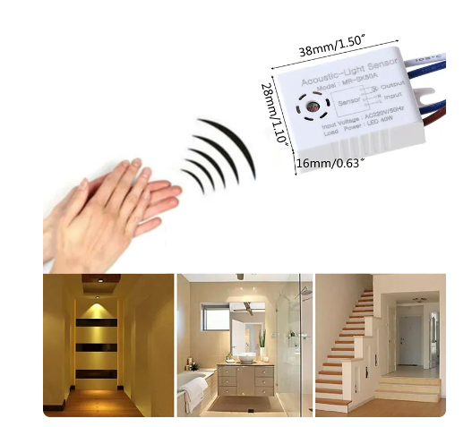 1pc Sound Voice Sensor 220V Module Detector Auto On Off Intelligent Light Switch - with dimension labels, shown next to a graphic of hands clapping.