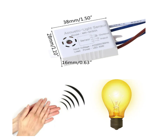 1pc Sound Voice Sensor 220V Module Detector Auto On Off Intelligent Light Switch - a white rectangular acoustic-light sensor with wires, dimension labels, and a clap-activated light graphic.