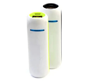 1pcs 2600mAh 5V 1A Mini Portable Power Bank - shown as two cylindrical white units with lime green accents, each featuring a USB port and a blue indicator light.