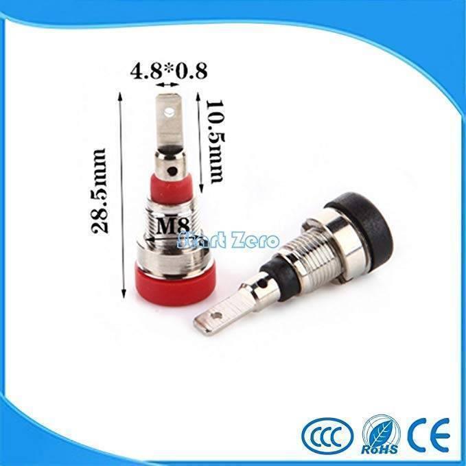 1pcs 4mm Banana Plugs Banana Jack Socket Dia 4 Panel Binding Post Terminal Banana Plug Hole - (color: Yellow Or Green) - one upright red terminal and one lying black terminal with M8 threaded bodies and metal connector pins with dimensions.