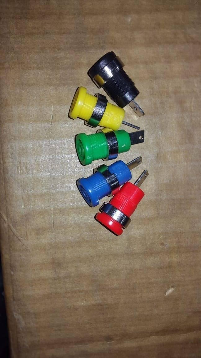 1pcs 4mm Banana Plugs Banana Jack Socket Dia 4 Panel Binding Post Terminal Banana Plug Hole - (color: Yellow Or Green) - top-down view of five colourful panel-mount binding post terminals in black, yellow, green, blue, and red.