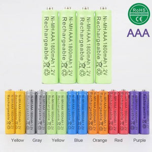 1pcs AAA Ni-MH 1.2 v Rechargeable Battery AAA 1000mAh Battery Rechargeable Batteries Ni-MH Battery - shown in a group of four green batteries above a row of fifteen multi-coloured batteries in various shades.