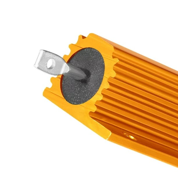 1R 100W Watt Load Resistor Aluminum Wire Wound Golden 1 Ohm Resistor - a close-up view of the golden aluminum housing and one silver metal terminal connector.