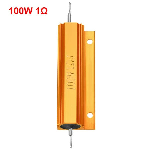 1R 100W Watt Load Resistor Aluminum Wire Wound Golden 1 Ohm Resistor - a gold-colored, rectangular, finned aluminum resistor with two metal leads.